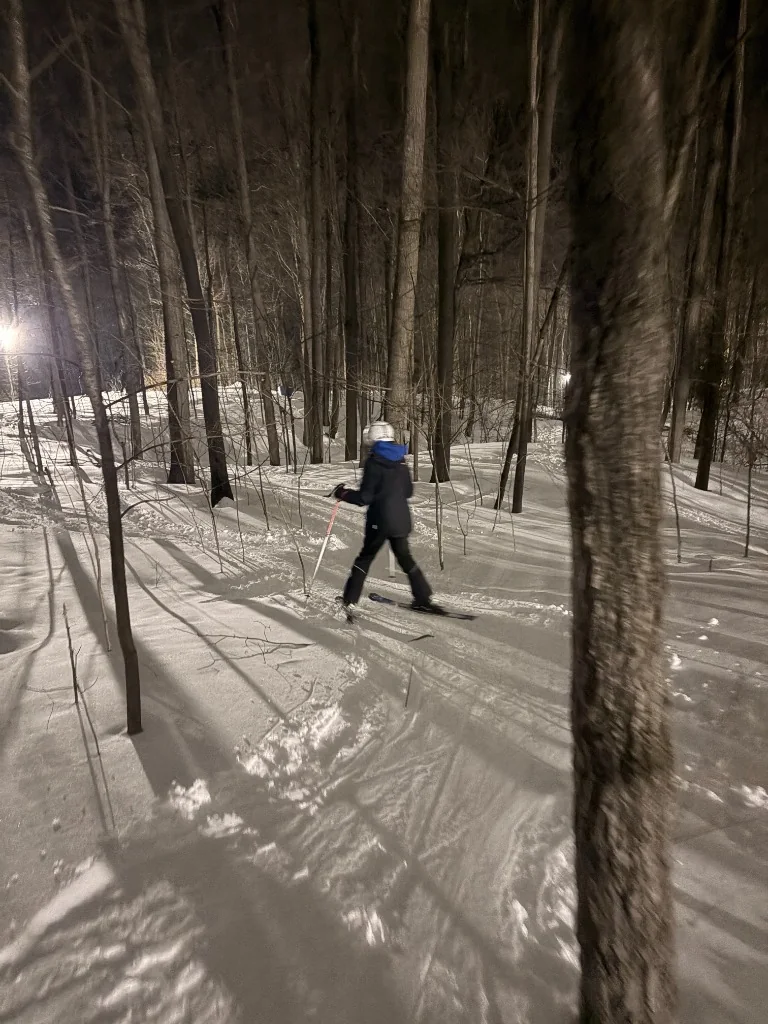 A skier moving through a snowy forest at night